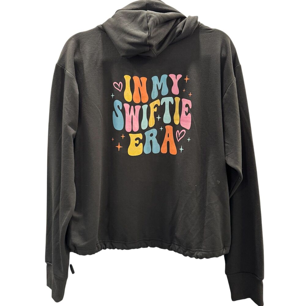 Swiftie Fancore 1/2 Zip Pull Over Hooded Black Sweatshirt Eras Tour Print Patch